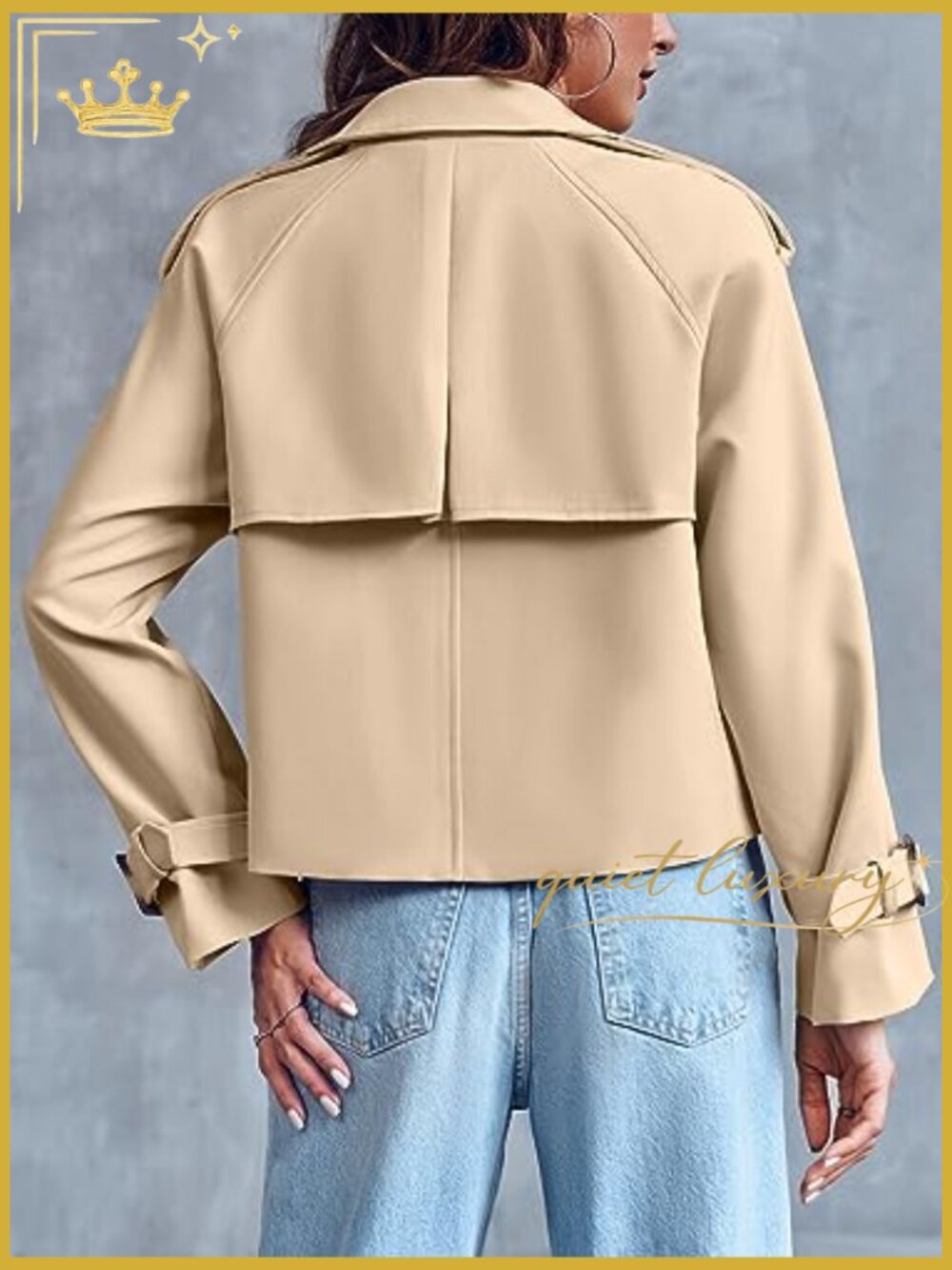 Crop Double Breasted Trench Coat with Pockets - Picture 5 of 7